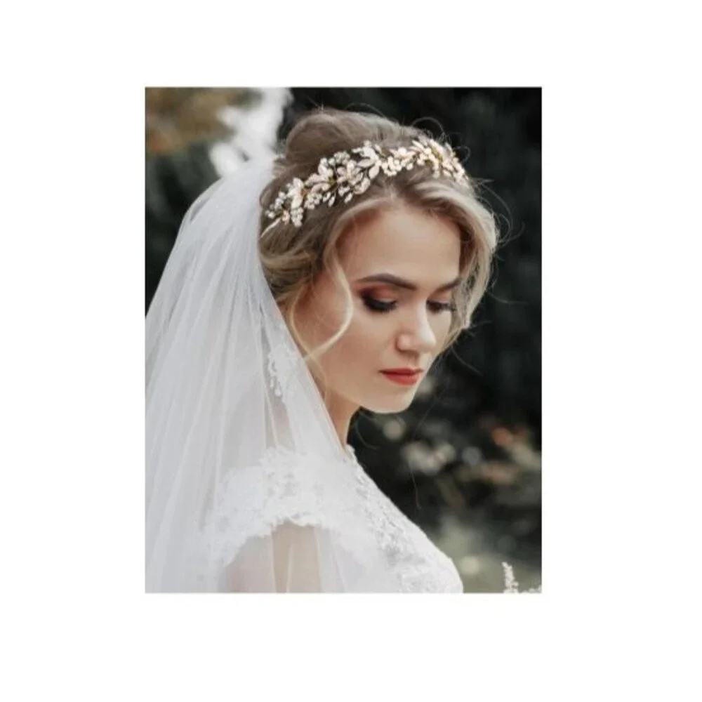 Handmade Rhinestone Wedding Flower Leaf  Pearl Bridal Headpieces Gold